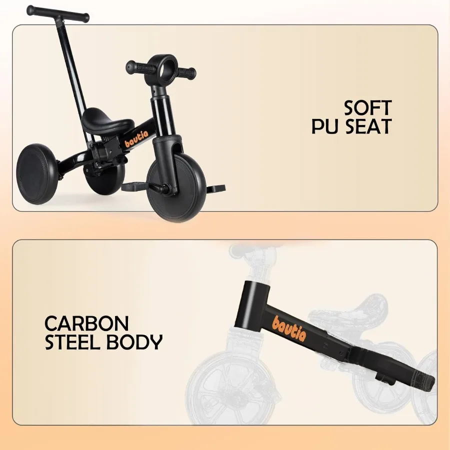 Tricycle for Toddlers 1-3 with Push Handle 5 in 1 Baby Balance Bike for 1-4 Years Old Toy Boys Girls Bicycle Gift with Removabl