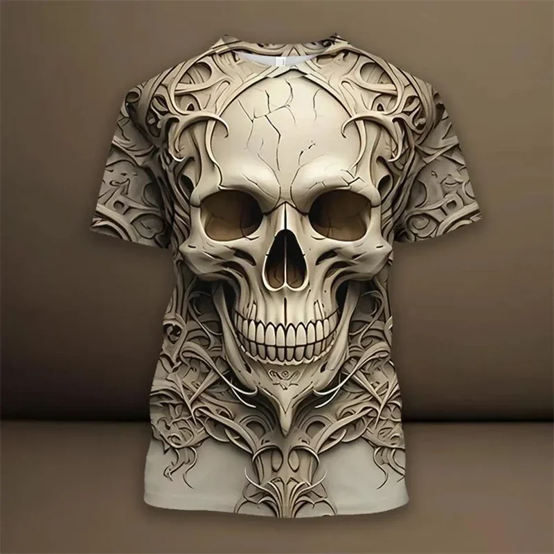 Retro T-Shirts For Men Clothing 3d Skull Print Trend Men's T-Shirt New Designs Short Sleeve Tees 2024 Oversized Male Tshirts 4XL