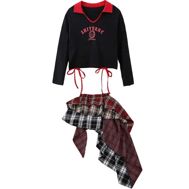 Cooles Street Dance-Outfit für Mädchen, Jazz-Hip-Hop-Kostüm, Schnürung, plissiert, kurzärmelig, Rock, Hip-Hop-Kleidung, Tanz-Übungskleidung