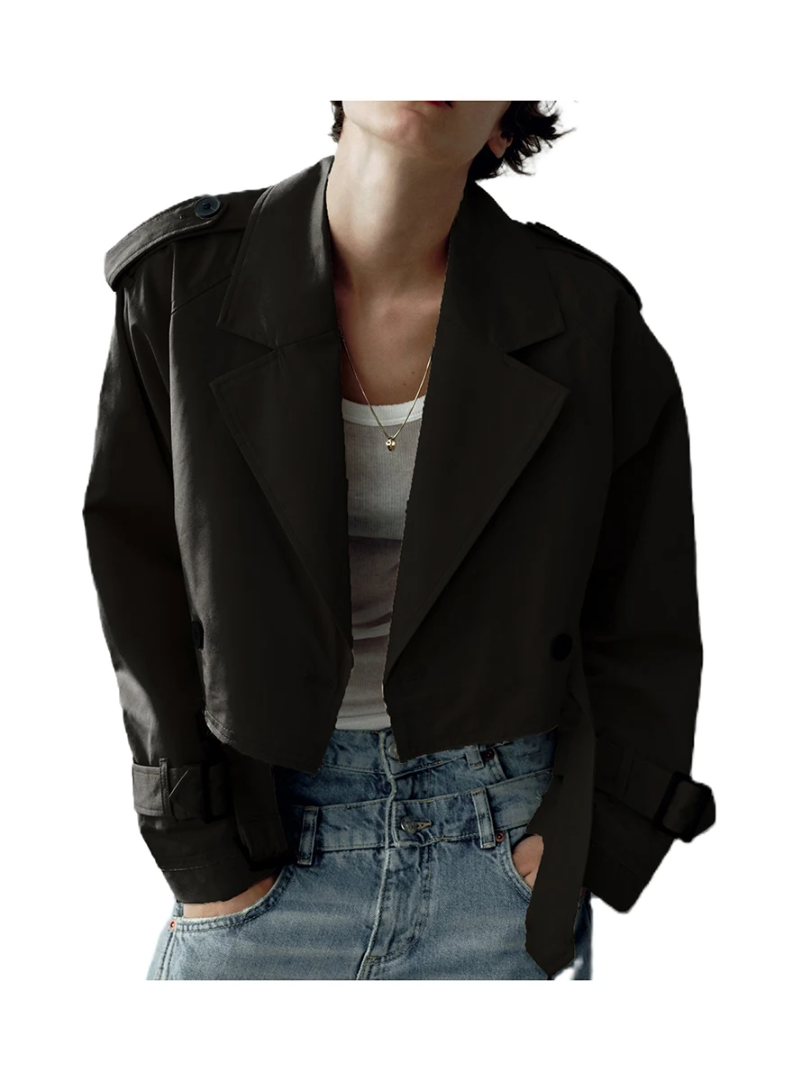 Women s Casual Cropped Trench Coat Lapel Long Sleeve Double Breasted Cardigan Windbreaker Jacket Outwear with Belt