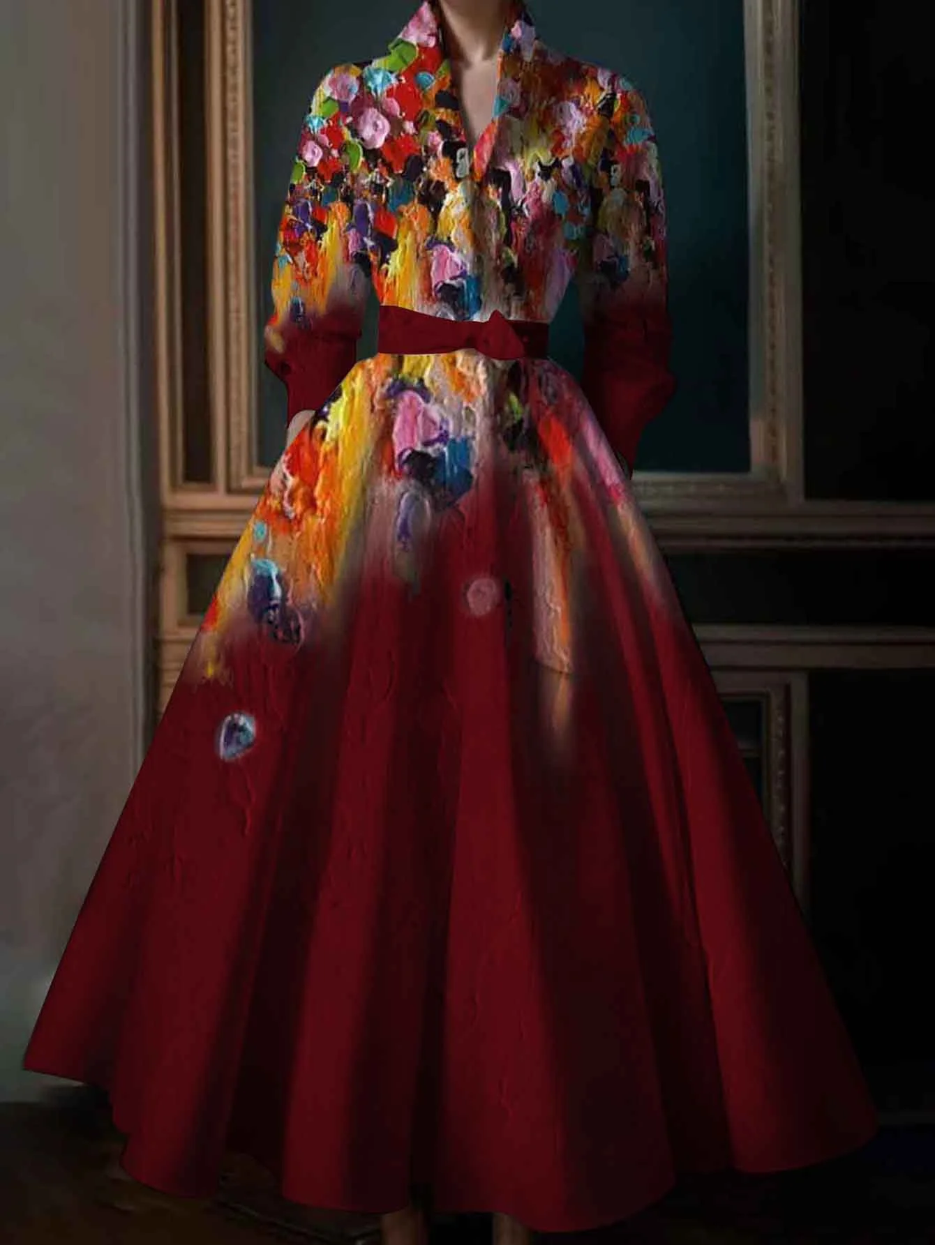 

Women's Oil Painting Floral Print A-Line Dress Lapel Collar Elegant Long Sleeve Single Breasted Pleated Women Dress with Belt