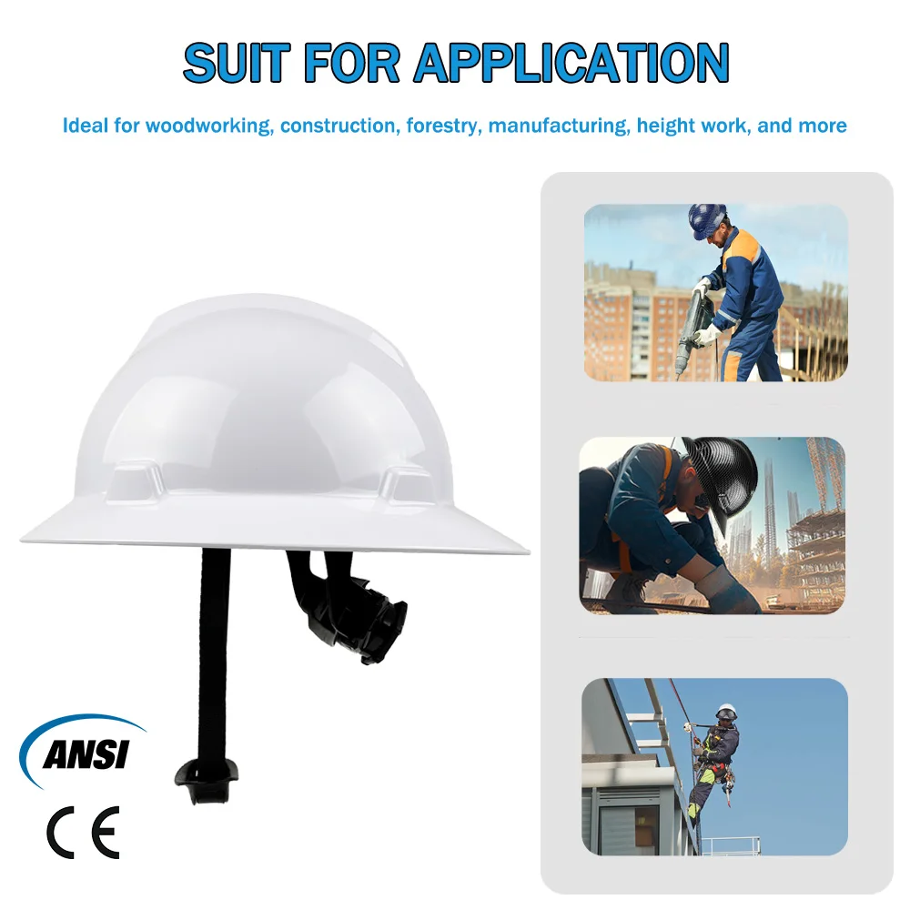 قبعة صلبة كاملة الحواف CE مع تعليق بسقاطة 6 نقاط مضادة للتصادمات خوذة أمان HDPE قبعة عمل أرضية للمهندس ANSI