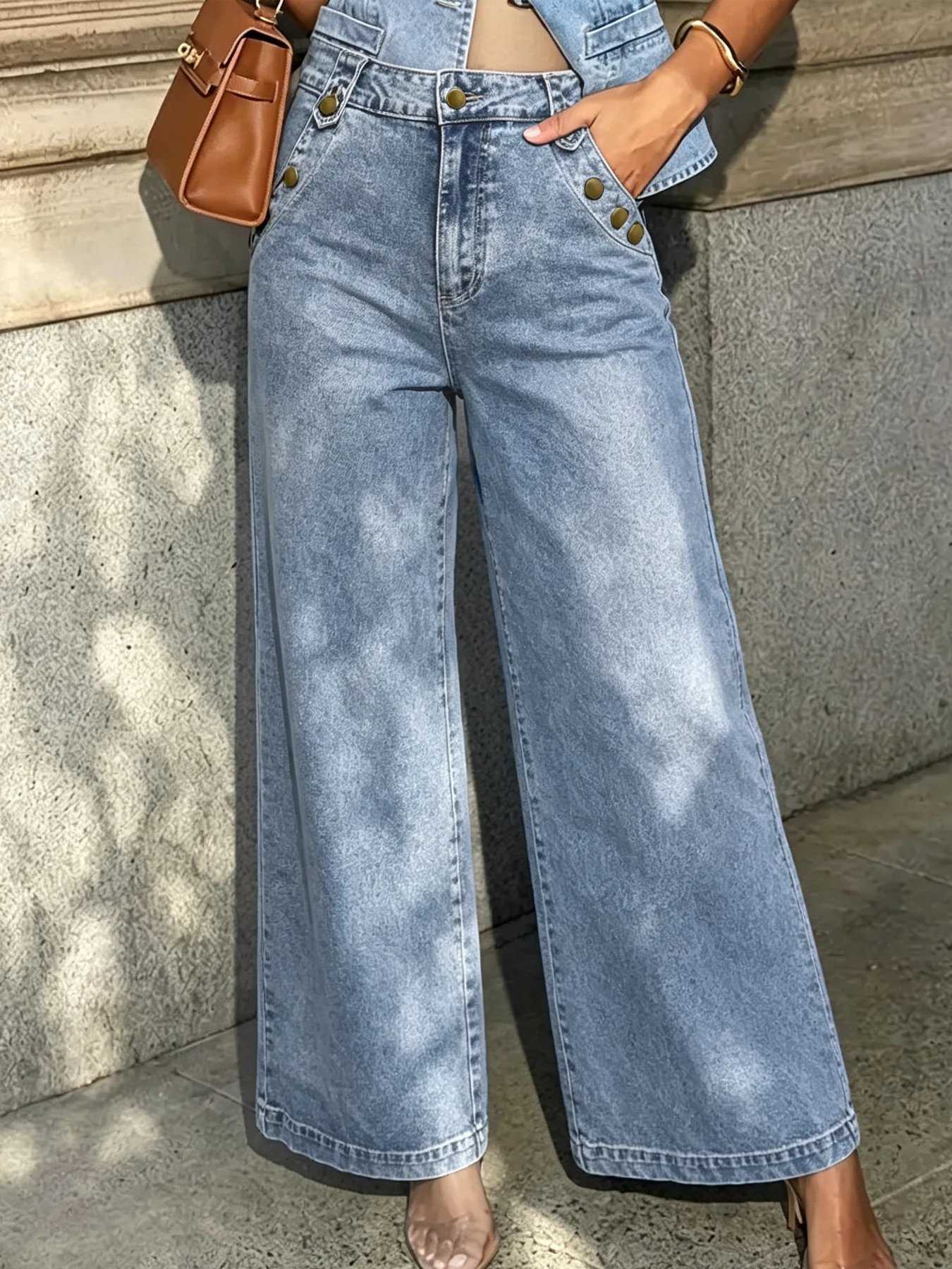 Women's Retro Snowflake-Washed High-Waisted Stretch Wide-Leg Jeans with Metal Buckle Accents—Casual and Versatile