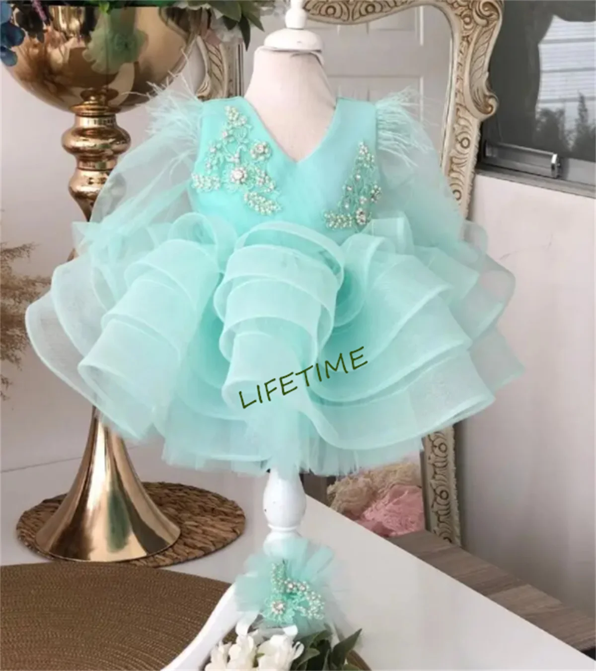 Cute Baby Girl First Birthday Dresses Mint Organza Tutu Long Sleeve Ball Gown Flower Girl Dress