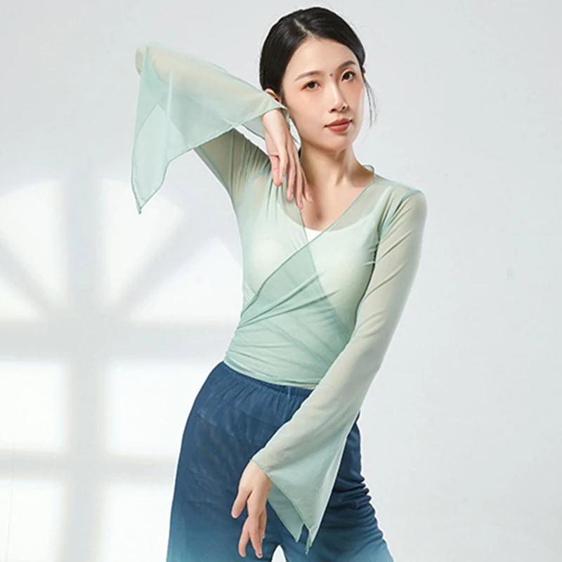 

Женский топ для классических танцев, струящаяся рубашка с длинными расклешенными рукавами, прозрачная блузка из марлевой сетки, костюм для выступлений, линия народной тренировочной одежды