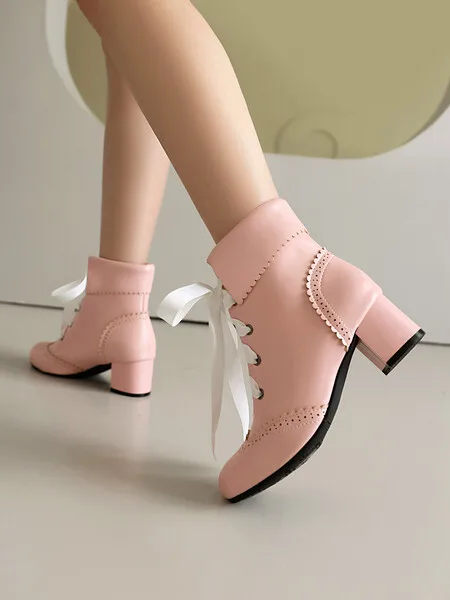 Sweet Retro Lace-up Ankle Ladies Boots Pink Black White Block High Heel Party Women Shoes Autumn Winter 2024 Large Size 43 44 45