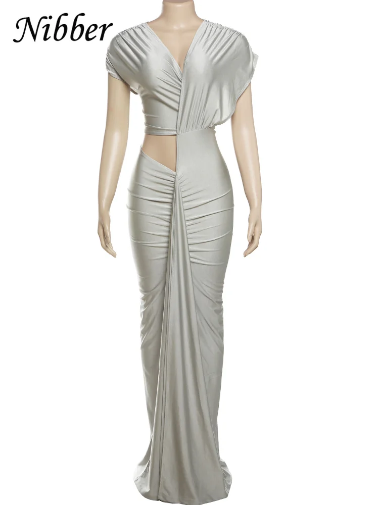 Nibber فستان مجوف غير منتظم للنساء مكشكش بياقة قطرية وأكمام قصيرة بدون خصر شقوق للشارع مزاجه طويل Bodycon #6