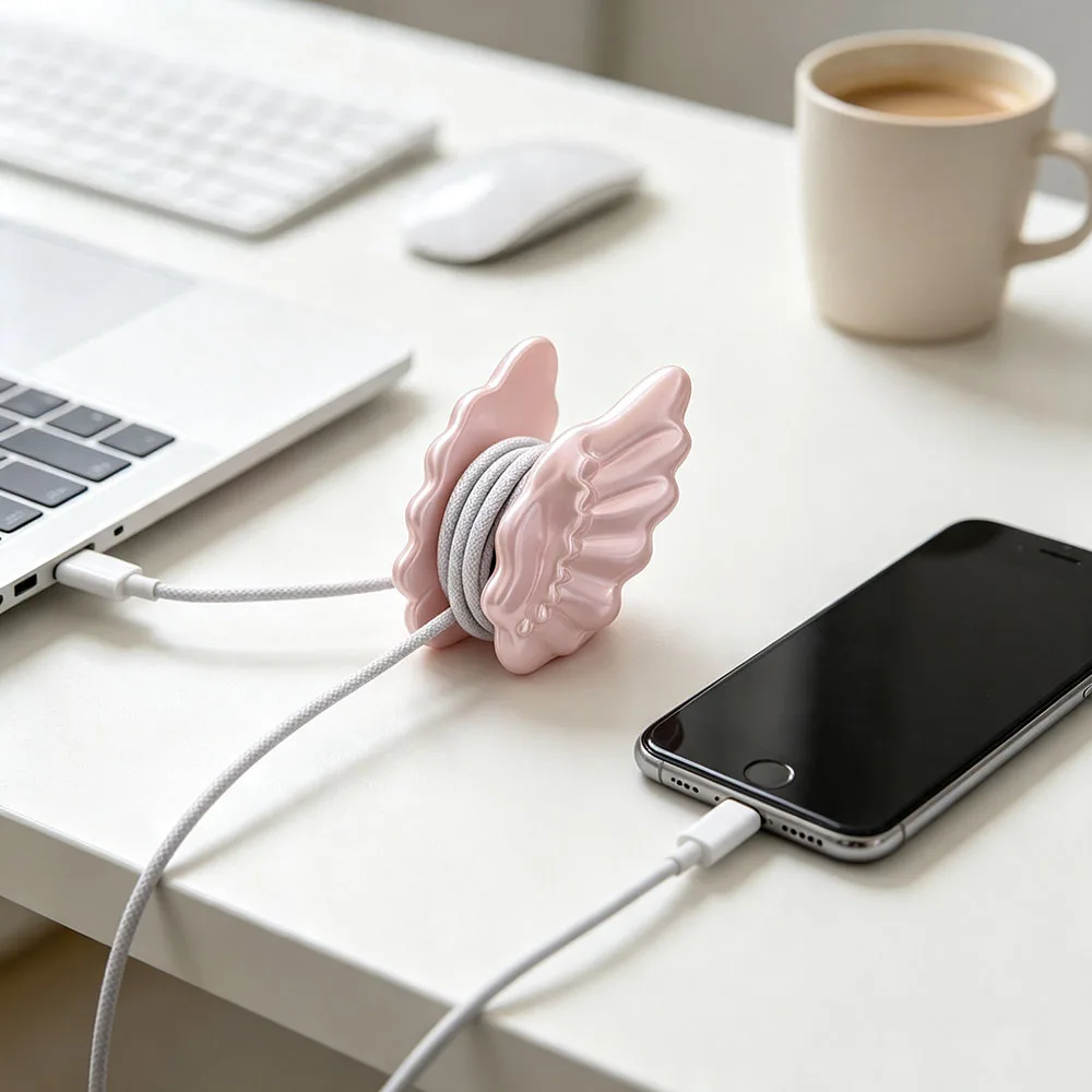 Angel Wing Cable Winder Kawaii 3D Printed Data Cord Cable Organizer Estone Wire Storage Holder Desktop Decor Gift for Friends