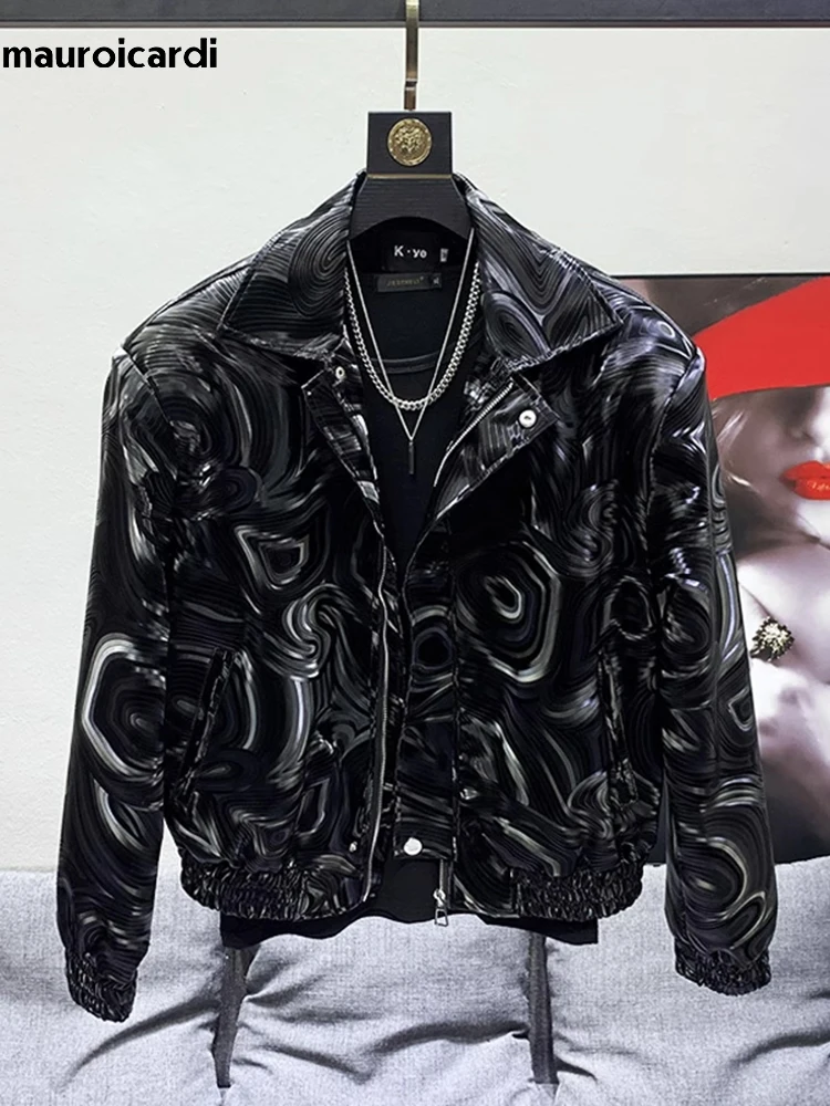 Mauroicardi Spring Autumn Cool Short Black Shiny Geometric Faux Leather Jacket Men Zipper Stylish Luxury Designer Clothes