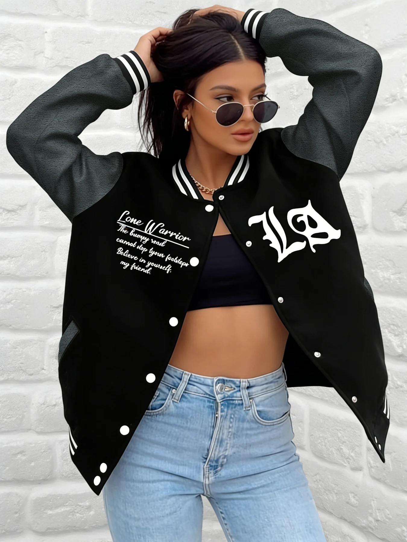 Women Lone Warrior Print Baseball Jacket LA Letter Graphic Varsity Coat Loose Fit Outerwear Casual Street Daily Wear