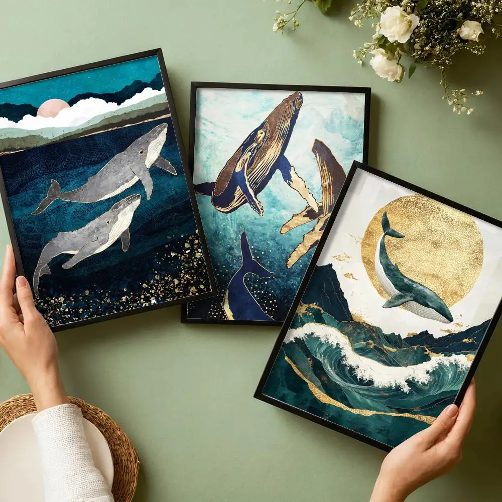 Abstract Depiction of Whales Poster Waterproof Wall Art Sticker for Home Bar Decoration, Self-Adhesive Room Wall Decor Mural