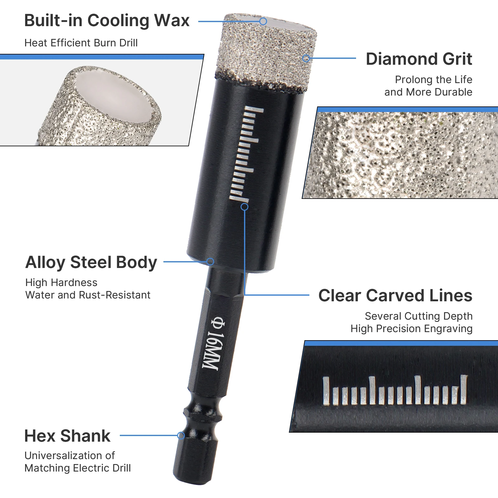 ろう付け乾式ダイヤモンドコアドリルビット 6-16mm 六角軸 石材用ドリルビット 花崗岩 タイル 磁器 大理石 セラミック 穴あけ工具
