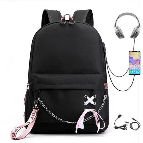 Imagen 2 del producto Mochila escolar para estudiantes universitarios, mochila de viaje de tendencia a la moda, mochila para ordenador portátil con carga USB, mochilas escolares negras para adolescentes