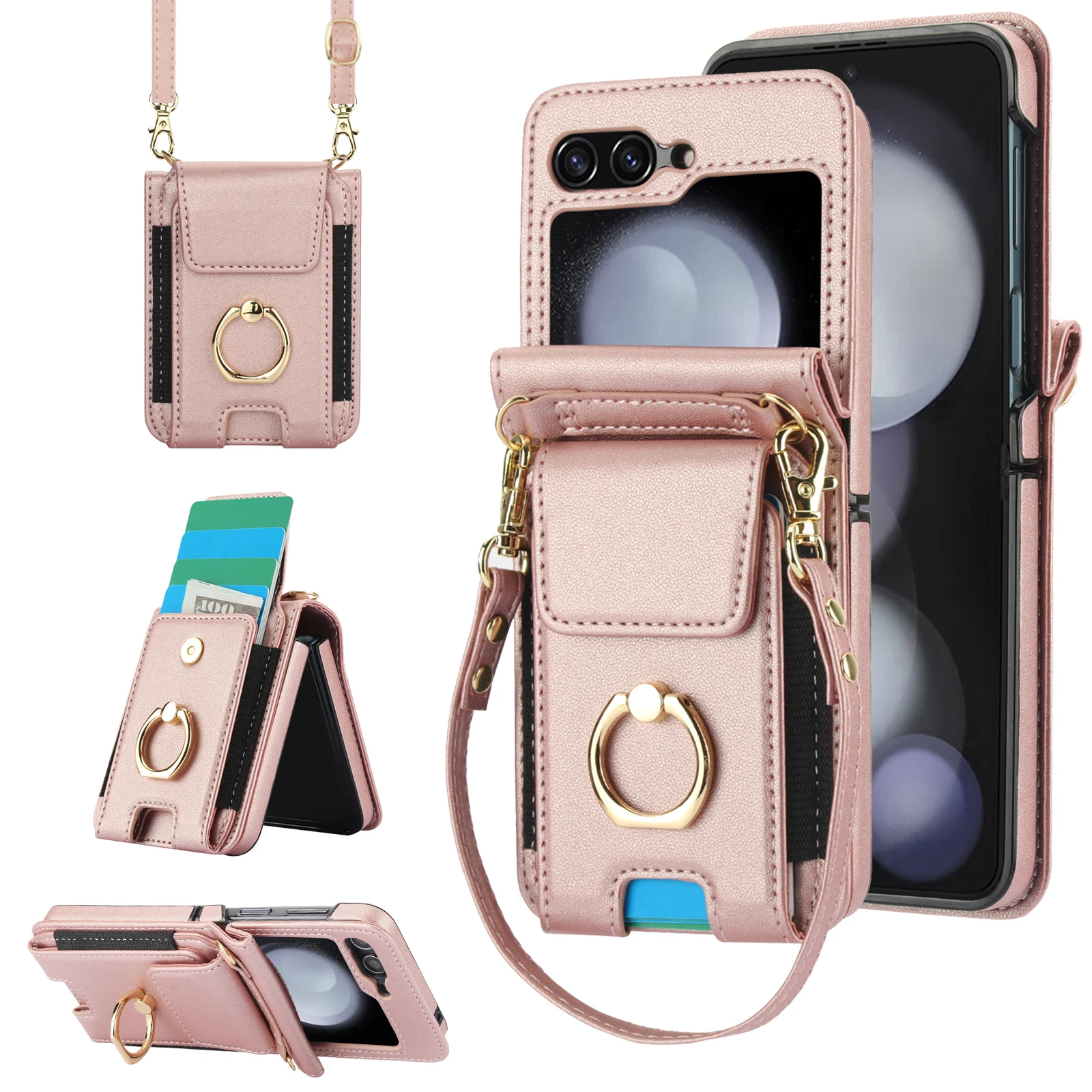 Crossbody Elastic Card Solt Leather Ring Holder Case For Samsung Galaxy Z Flip 6 5 4 3 5G Flip6 Flip5 Lanyard Vertical Bag Cover