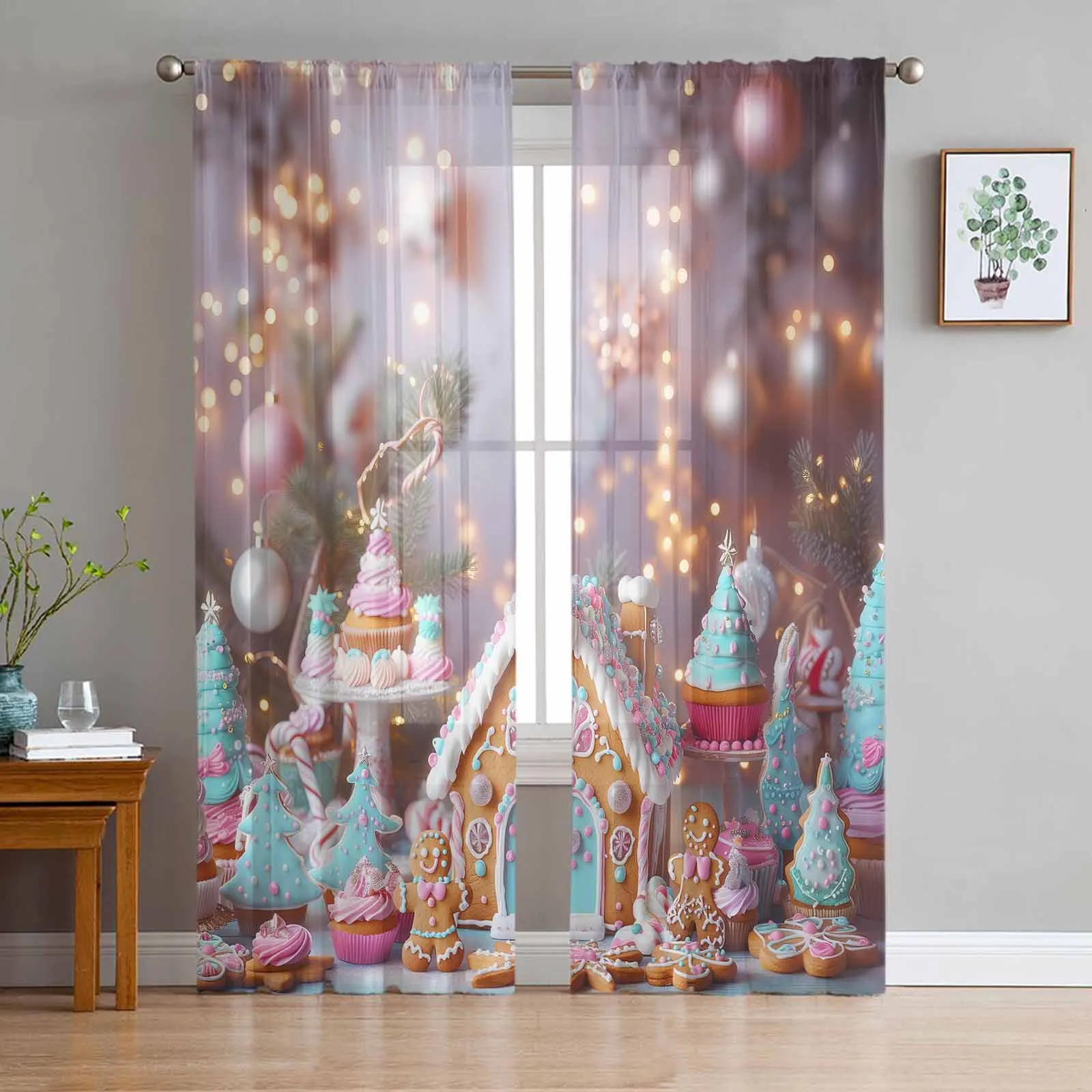 Christmas Candy Gingerbread Curtains For Living Room Sheer Curtain Bedroom Veil Organza Decorative Drapes