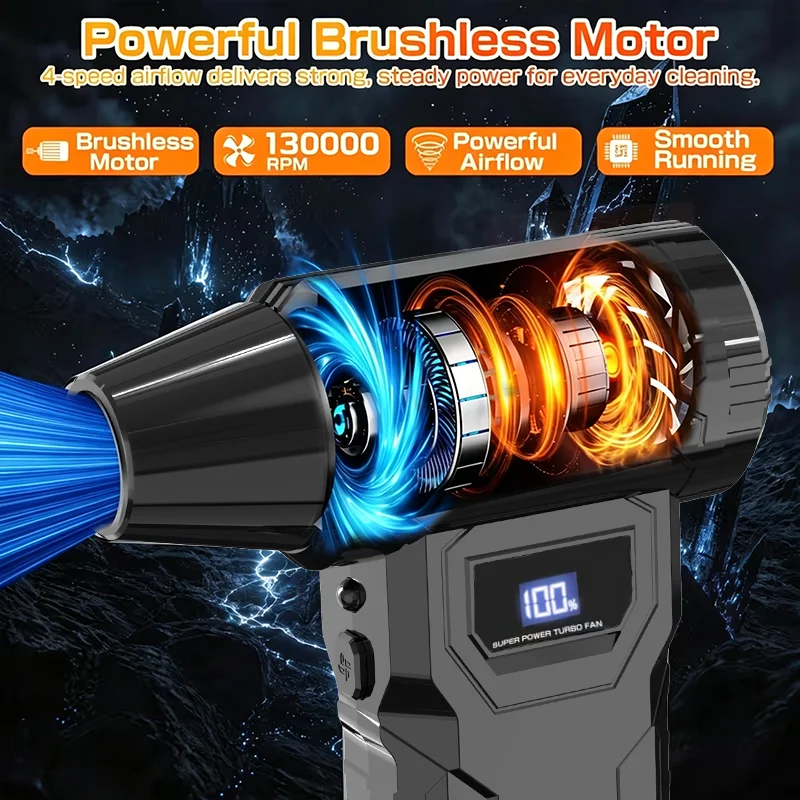 130000RPM Powerful Air Blower Electric Air Duster Violent Jet Dry BlowerTurbo Fan Cleaning Kit for Car Snow, Auto Care, Grill