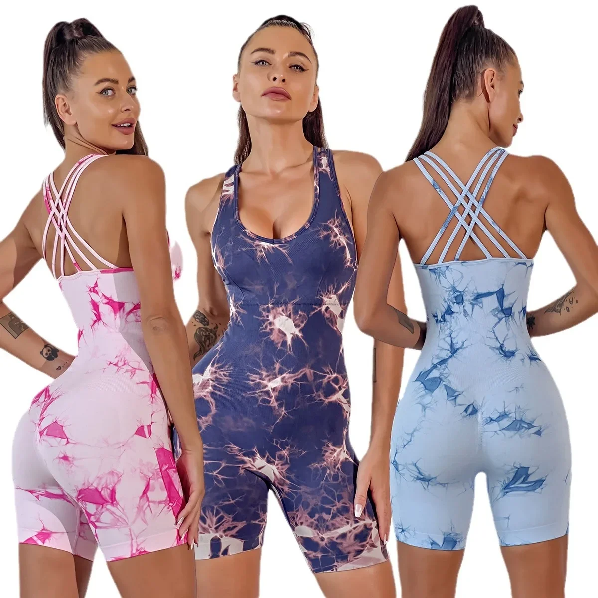 

Jumpsuits Tie Dye Women's Sports Suit Athletic Jumpsuit for The Gym Bodysuits Workout Overalls Fitness One Piece Yoga Shorts Set