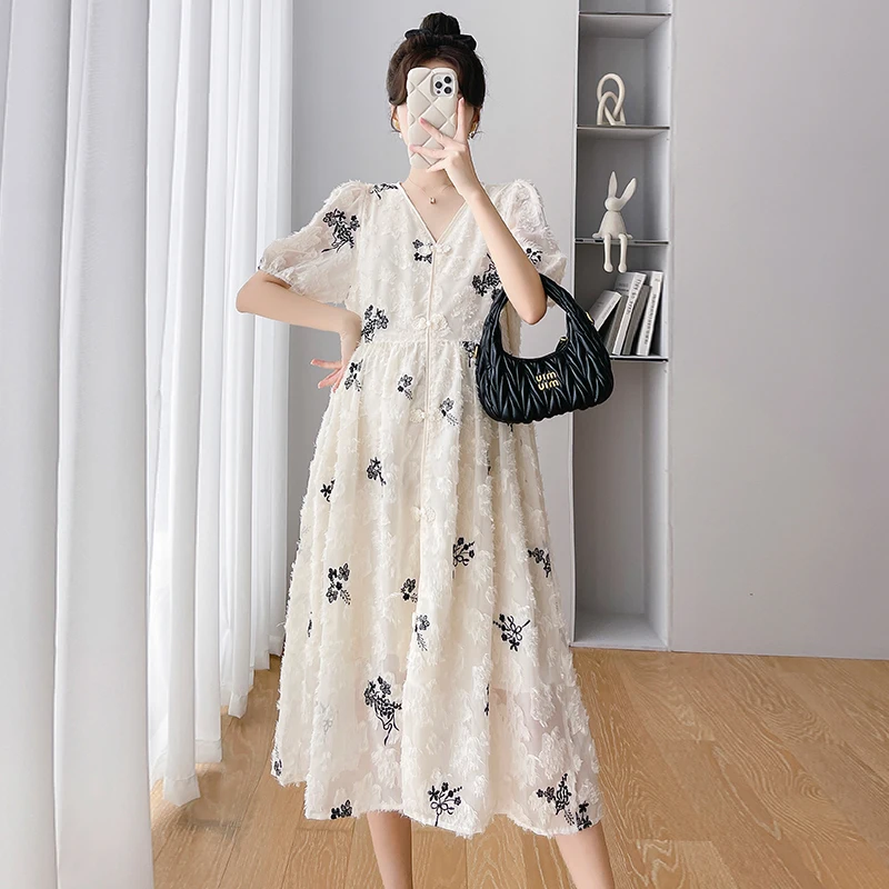 

9994# 2023 Summer Korean Fashion Maternity Long Dress Elegant Stylish Embroidery A Line Clothes for Pregnant Women Pregnancy