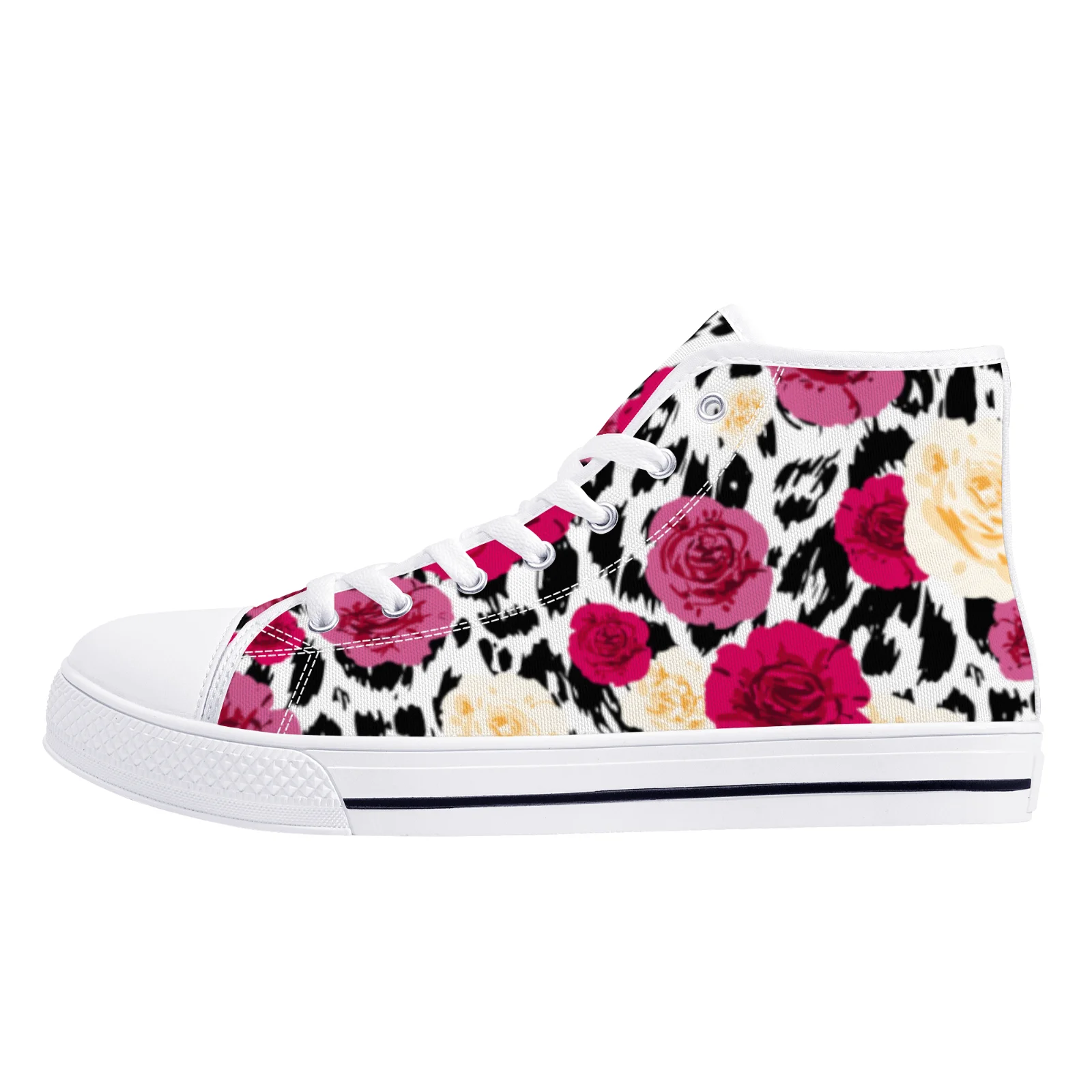 

leopard and rose print classic white high-top canvas shoes feature flat silhouette and are suitable for both men and women