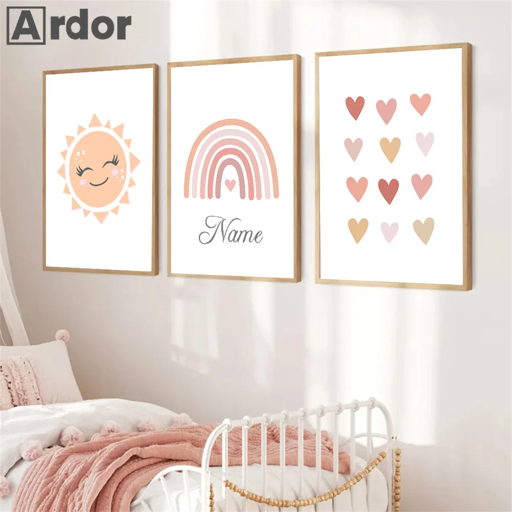 Daisy Rainbow Sun Love Heart Personalized Name Poster Cute Wall Art Canvas Prints Picture Pink Girl Baby Kids Room Home Decor