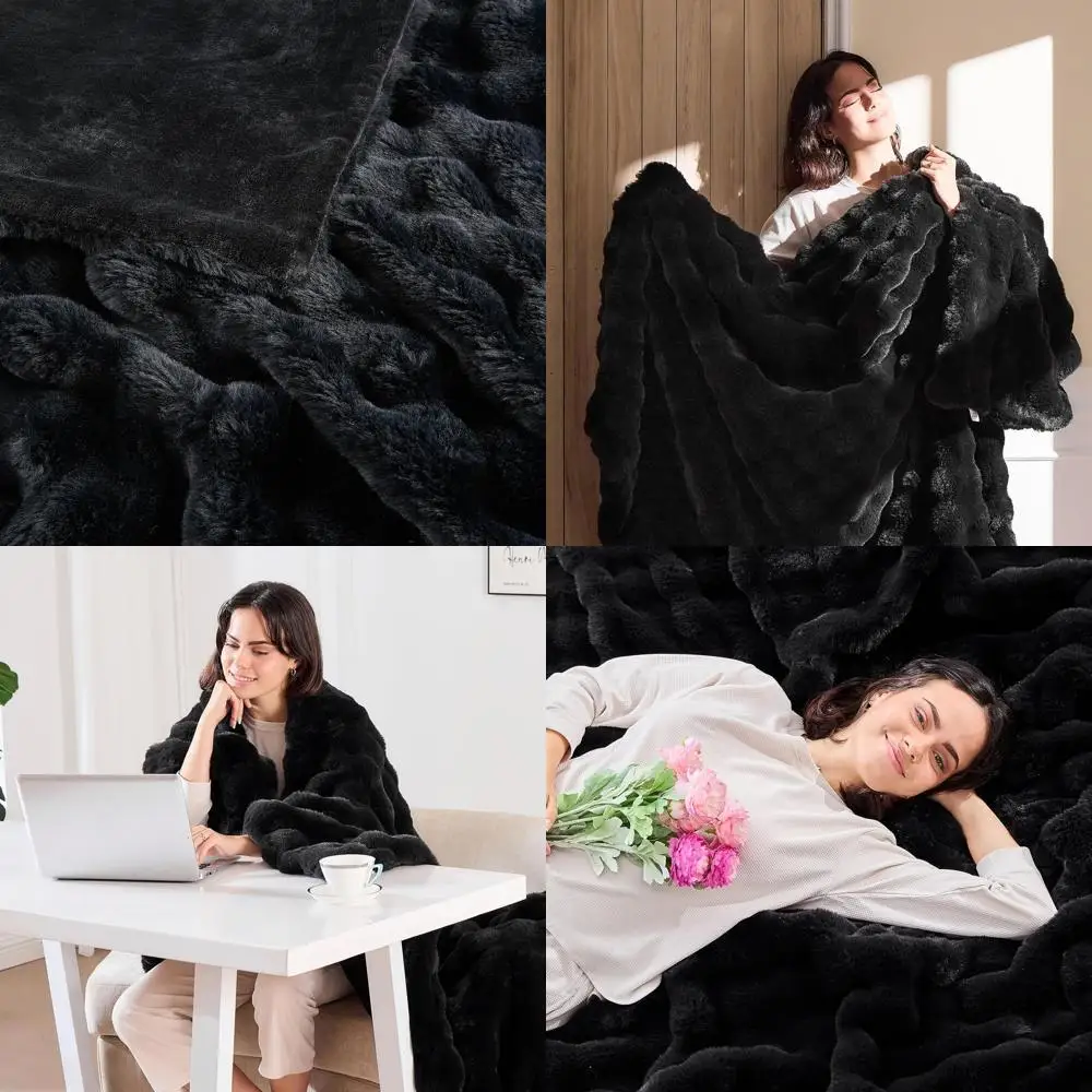 

Роскошное одеяло из искусственного кроличьего меха размера King Size - плюшевое, уютное покрывало для кровати или дивана (108x90, черное)