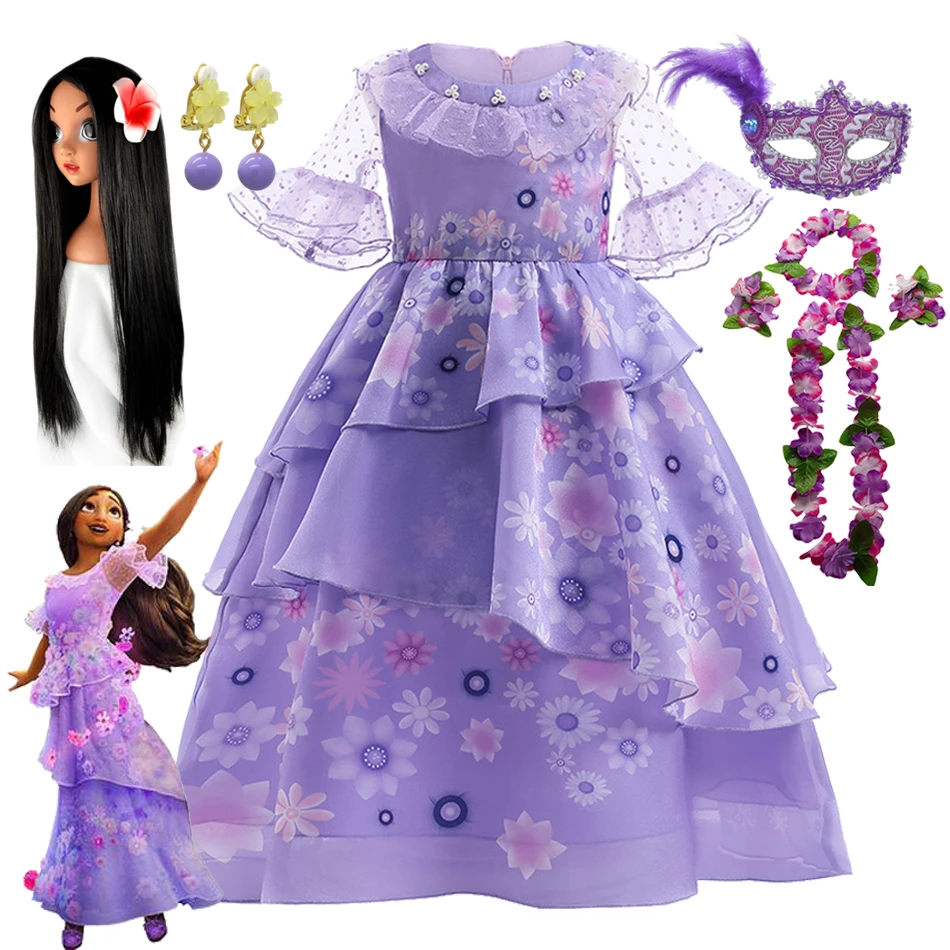 

Disney Kids Isabella Dress Children Floral Costume Girl Encanto Cosplay Outfit Madrigal Halloween Vestidos Party Clothes
