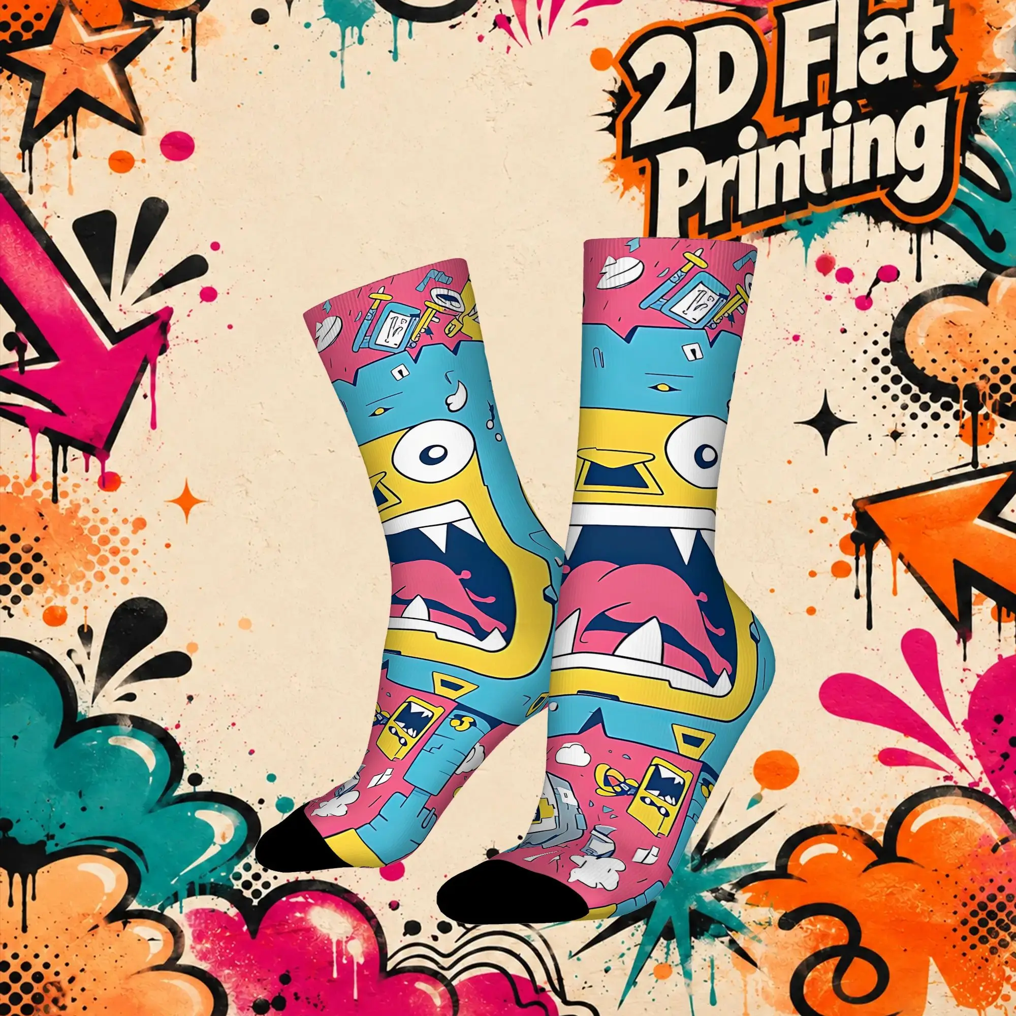 Fashion Vintage Robot Fight Print Crazy Men's compression Socks Unisex  Funny Crew Sock
