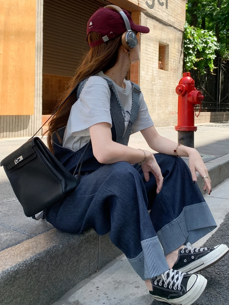 Korean Sle Spliced Denim Overalls Women's Spring Autumn Winter Thin Wide Leg Jumpsuit High Waist Straight Leg Jeans