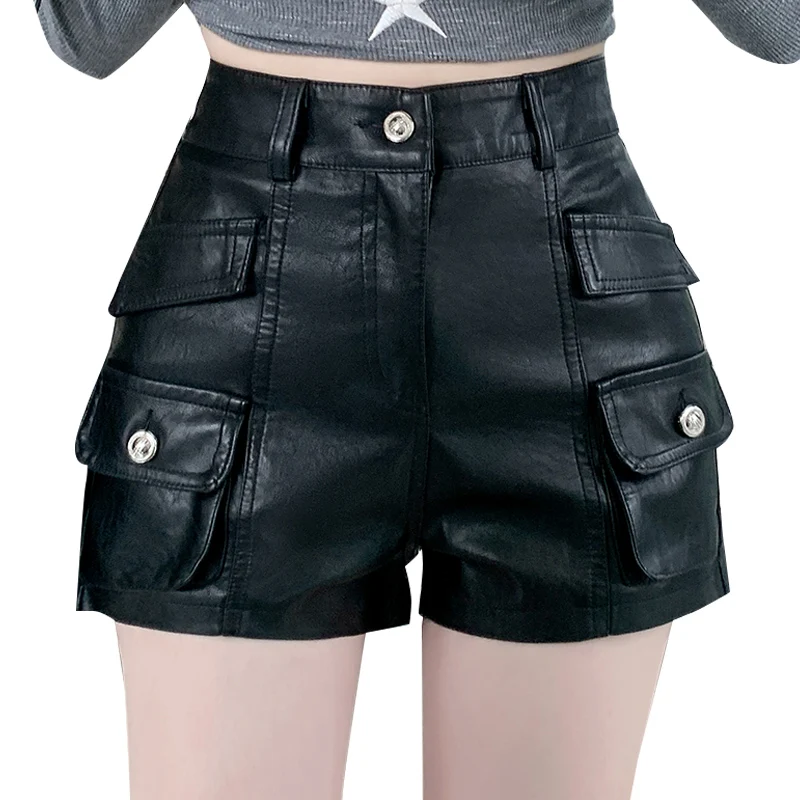 Moda coreana outono inverno preto couro do plutônio elegante fino workwear shorts feminino marrom sexy clube alta wiast envoltório hip calças curtas