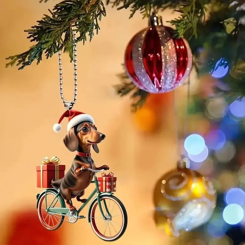 1pc Fun Pendant Puppy Riding Bicycle Christmas Tree Ornaments Double-printed Acrylic Hanging Car And Bag Keychain Decorations