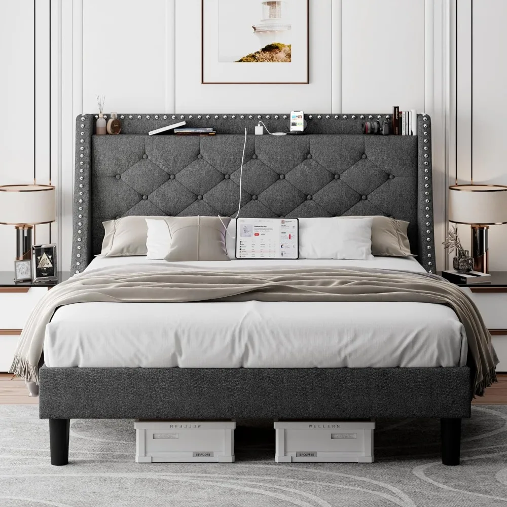 Queen Size Bed Frame with Luxury Wingback Upholstered Button Tufted Storage Headboard, Queen Platform Bed