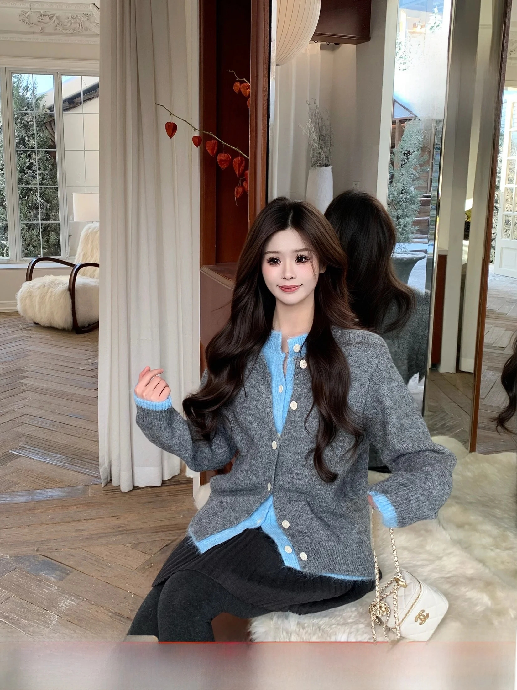 

Свободный женский вязаный шерстяной свитер, искусственный двухсекционный повседневный зимний кардиган больших размеров, удобная смесь полиэстера