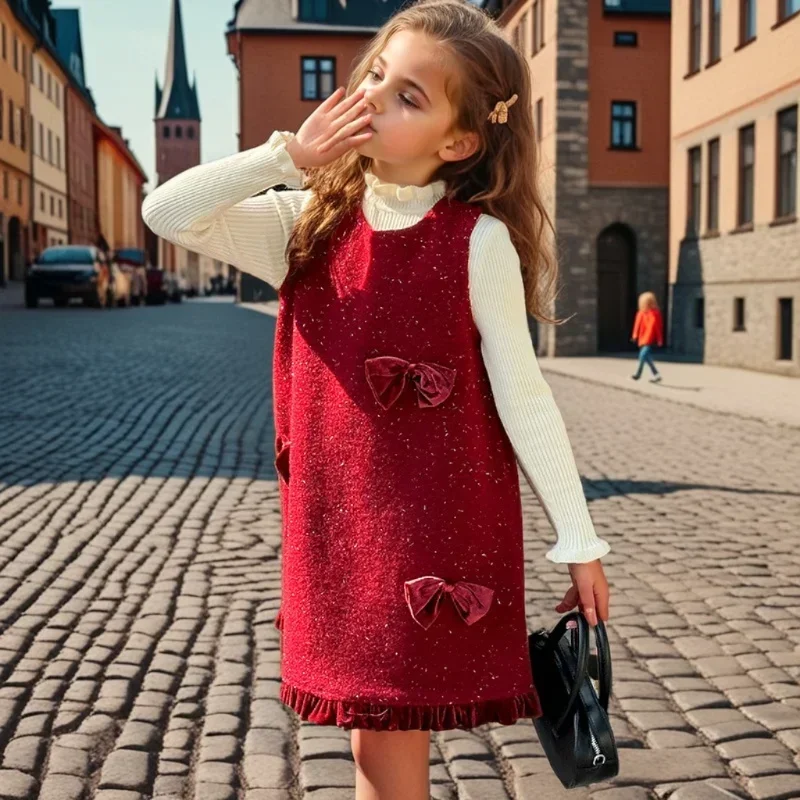 Girls Winter Dress Set Red Fleece Thick Warm Sweater Vest Dress 2-piece Teen Kids New Years Clothing Christmas Princess Dresses