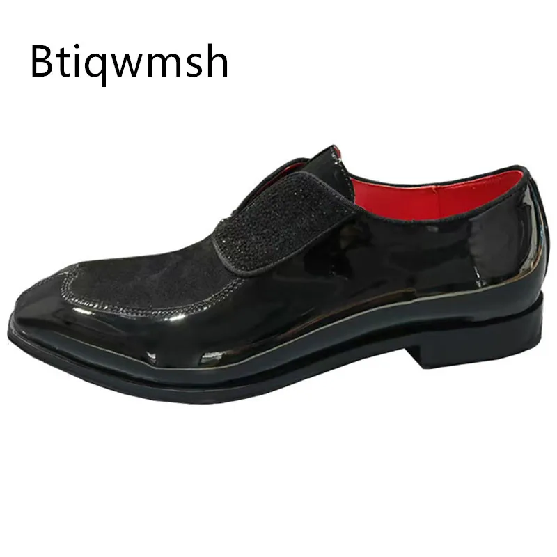 

Черные свадебные туфли со стразами, мужские туфли без шнуровки с острым носком, черные блестящие кожаные туфли без шнуровки на плоской подошве, мужская модная обувь для вечеринок