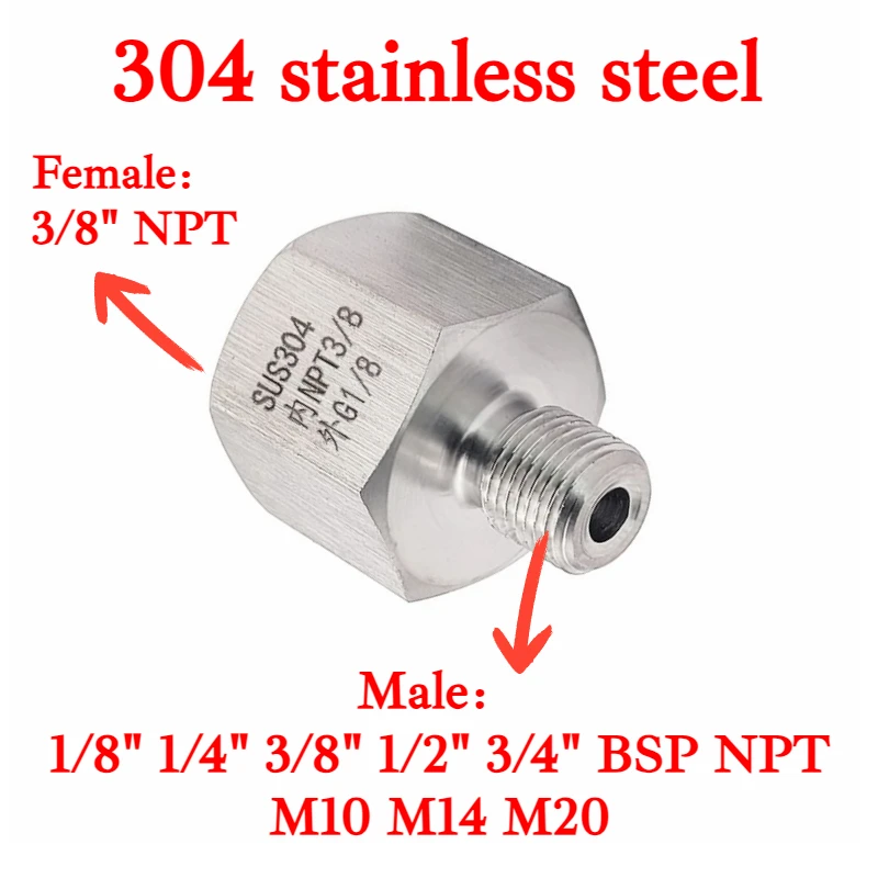 

3/8" NPT Female To M10 12 1/8" 1/4" 3/8"BSP NPT Male Hex Reducer Bushing 304 Stainless Adapter High Pressure for Pressure Gauge