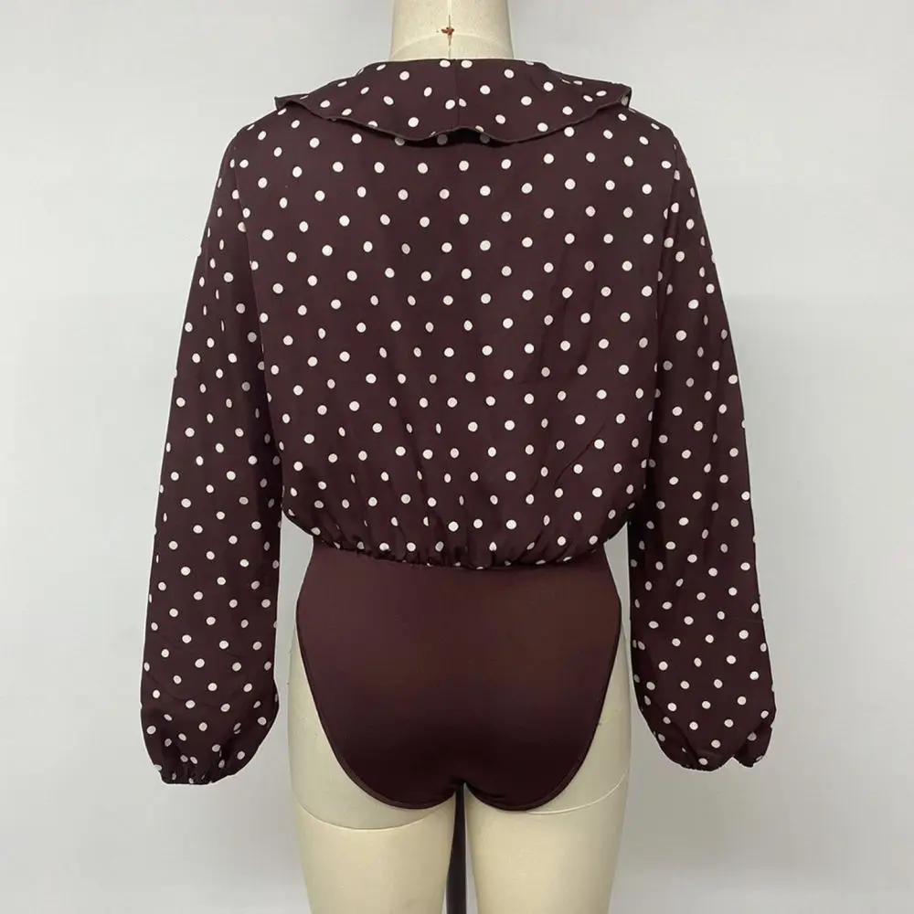 Women French Retro Bodysuit V Neck Ruffle Shirt Romper Polka Dot Long Sleeve Slim Fit Casual Elegant Office Style Jumpsuit