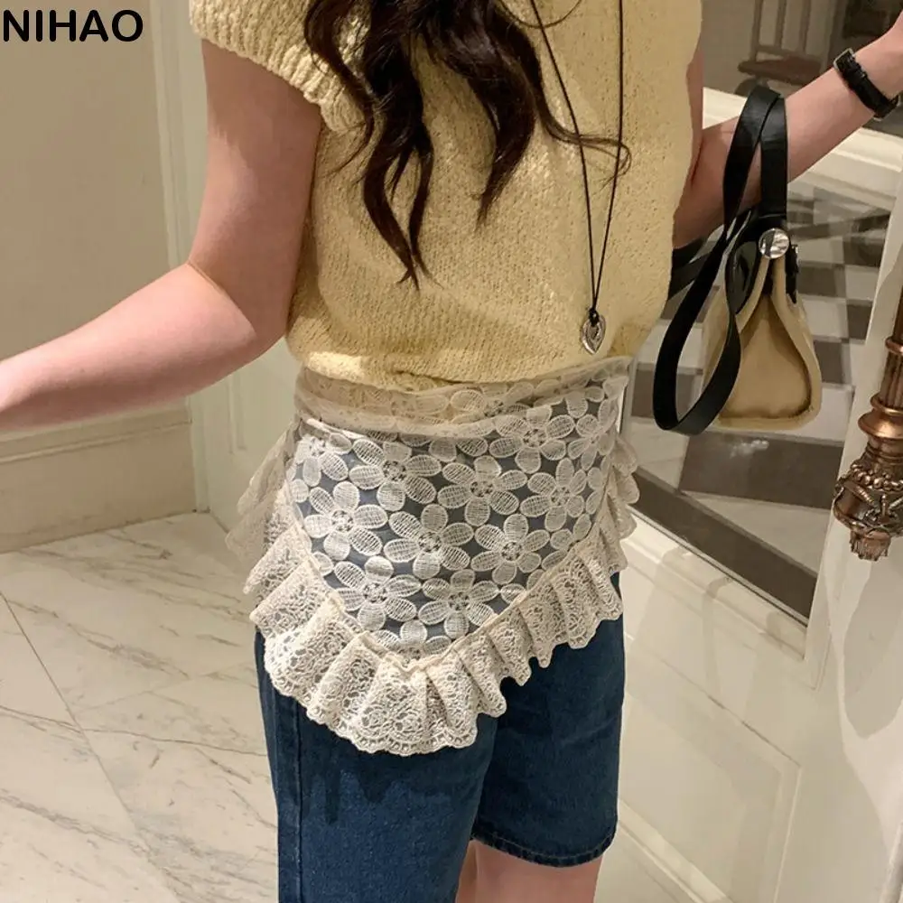 

Fashion Sweet Lace Mini Skirt Flower Korean Style Gauze Skirt Hight Waist Lace-up Ruffled Edge Skirt Female
