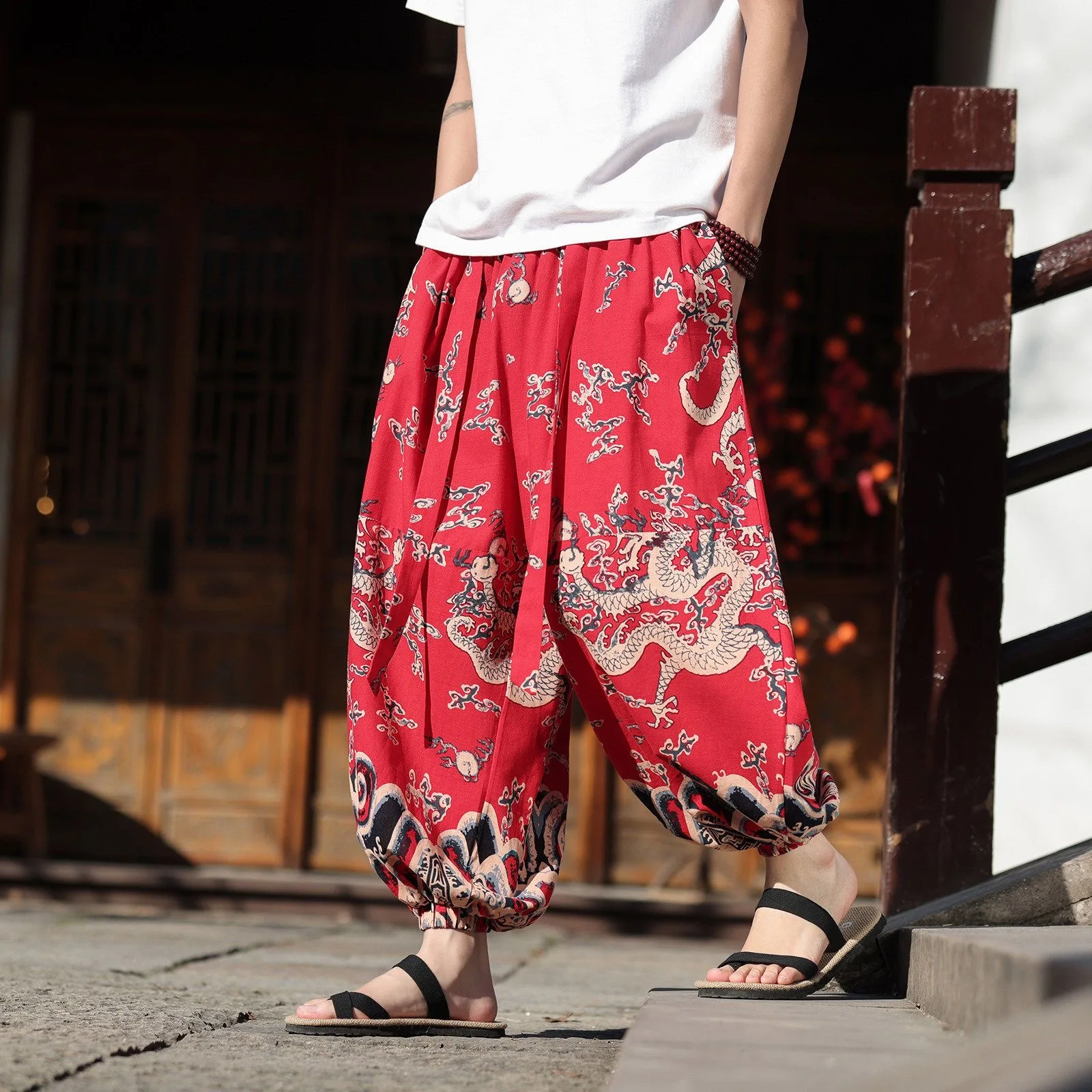 Male Chinese Dragon Print Harem Pants Men Ins Chic Y2K Trendy Loose Trousers Gentlemen Summer Senior Vintage Party Club Pantalon