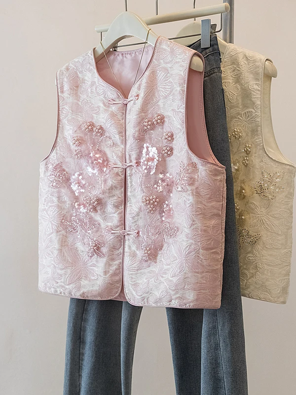 New Chinese Style Pink Vest Women's Shoulder Length Outerwear Spring 2026 plus Size Fashionable Layering Tank Top