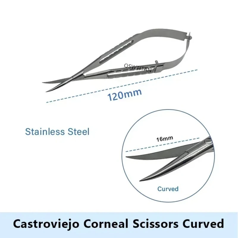 กรรไกรขนาดเล็ก QSWTITAN รุ่น Castroviejo สำหรับตัดหนังตา ด้ามจับแบน 1 ชิ้น เครื่องมือผ่าตัดดวงตา อุปกรณ์สำหรับผ่าตัดเปลือกตา