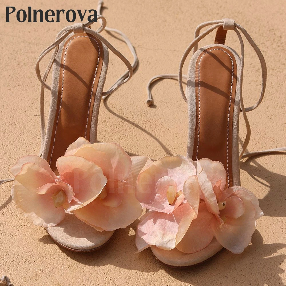 Silk Floral Strappy Sandals Apricot Suede Stilettos Round Toe Summer High Heel Sandals for Women Custom Color Handmade Shoes New