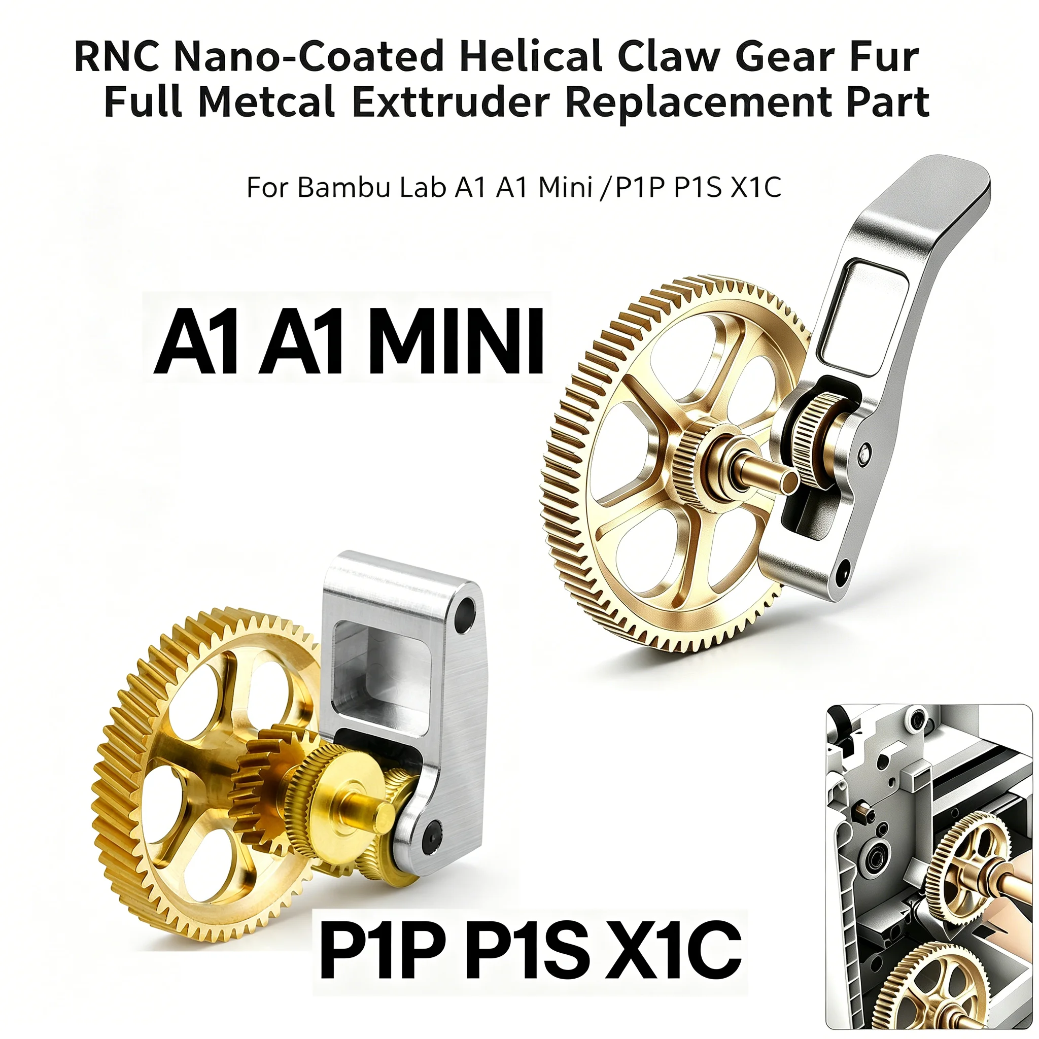 For Bambu Lab A1 A1 Mini P1P P1S X1C Upgrade Full Metal Extruder Gear Claw Gear RNC Nano-Coated Helical Gear Wear Resistant 3D3D