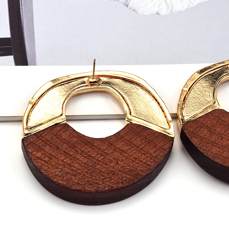 New Arrival Handmade Metal Wooden Drop Earrings For Women Jewelry Geometric Statement Accessories