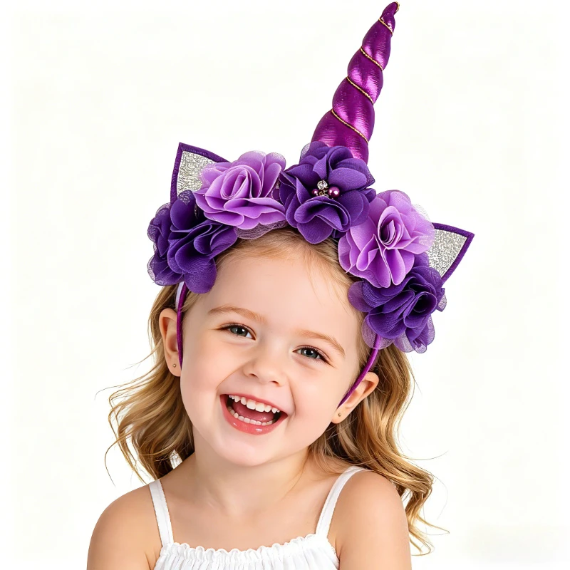 

Purple Unicorn Headband, Glitter Cat Ear Flower Headband for School Plays Birthday Party Halloween Cosplay Costume Accessories
