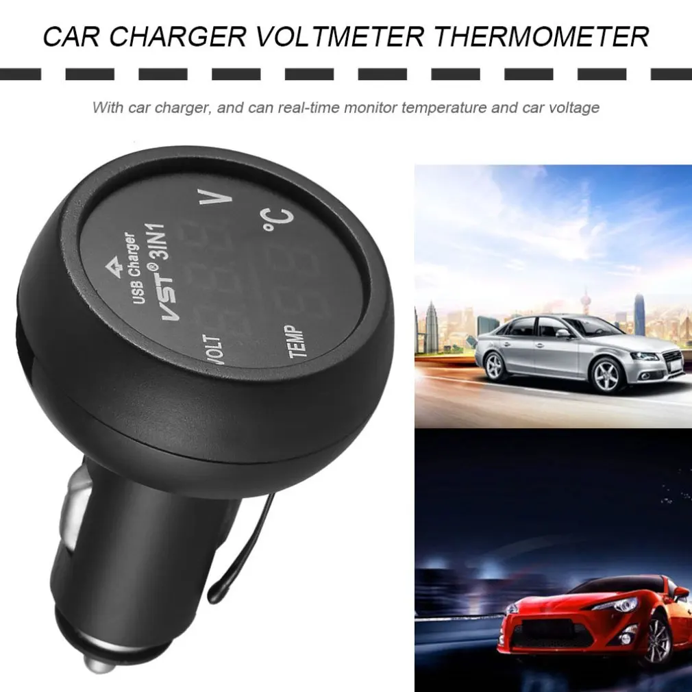 Hot 3 in 1 LED USB Car Charger Voltmeter Thermometer Car Battery Monitor LCD Digital Dual Display 12V/24V Digital Meter Monitor