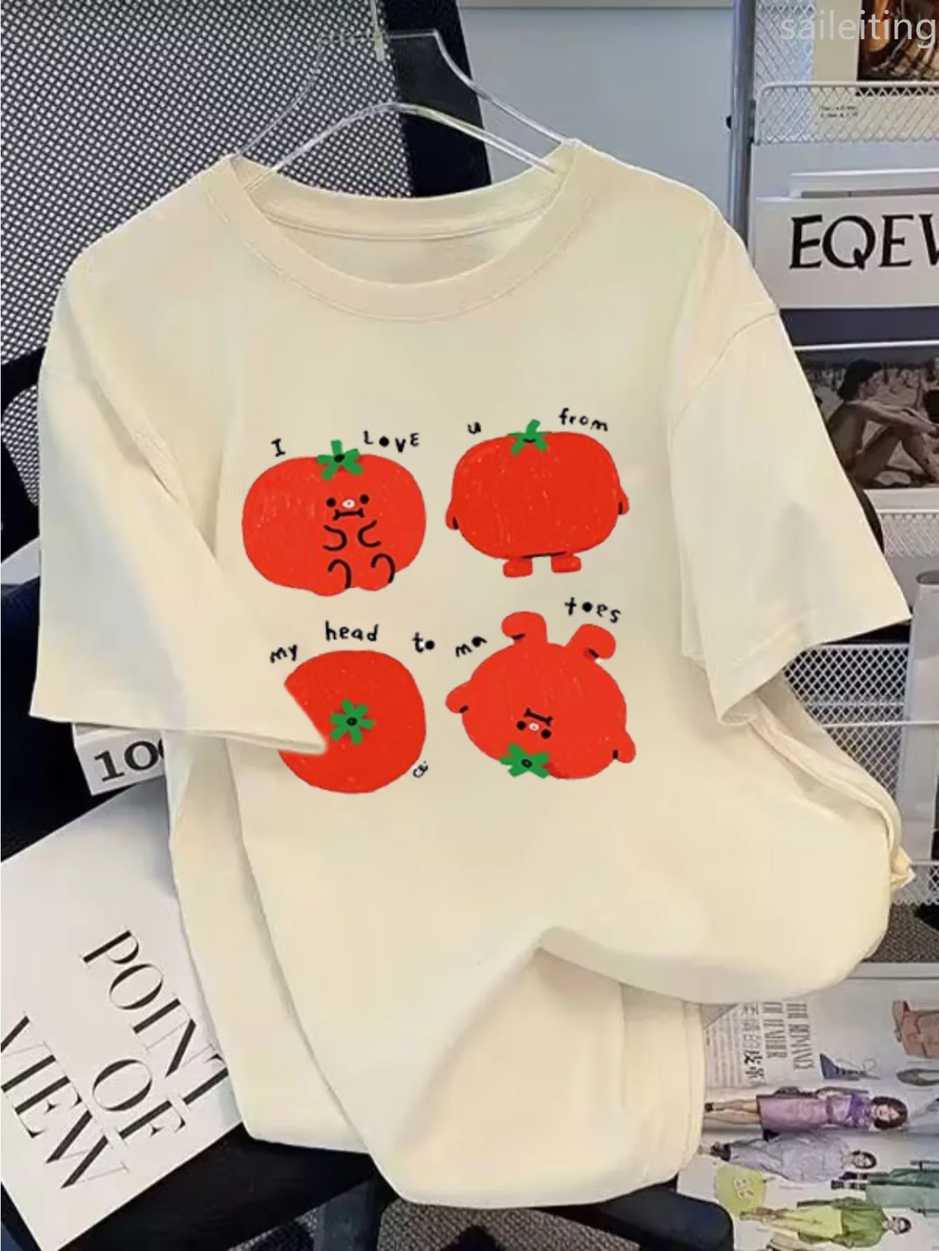 

Women's Short Sleeve T-Shirt with Playful Tomato Cartoon Print & "I Love You" Text Fit Round Neck Casual Top for Casual Attire