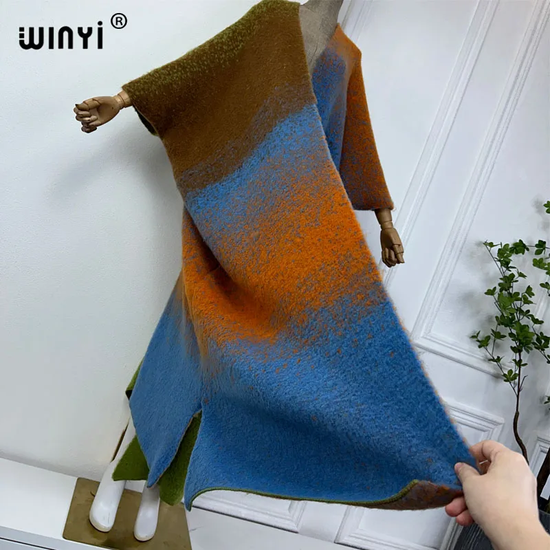 WINYI-traje de Invierno para mujer, abrigo neutro de piel de lujo, abrigo grueso y cálido con estampado Gradual, poncho largo, vestido de fiesta de