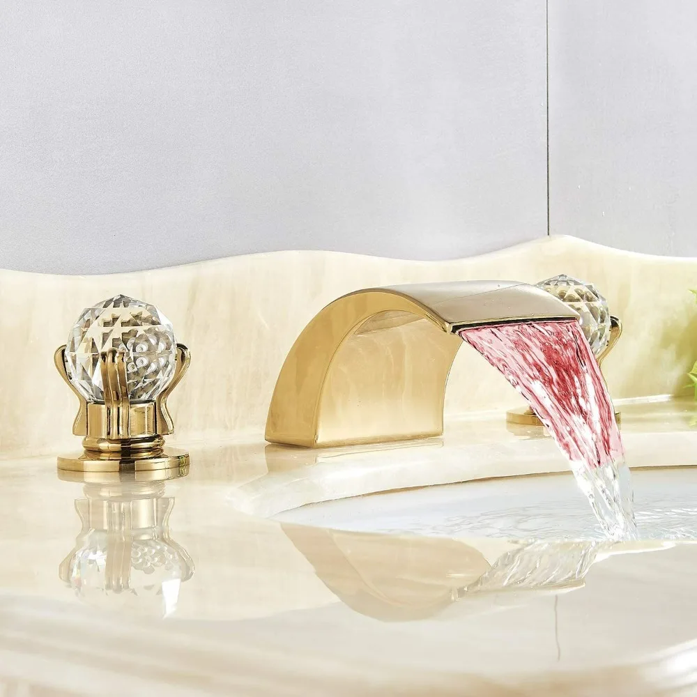 

8-дюймовый широко распространенный светодиодный смеситель для ванной комнаты, кристалл, 2 ручки, раковина, 3 отверстия, смеситель для туалетного столика