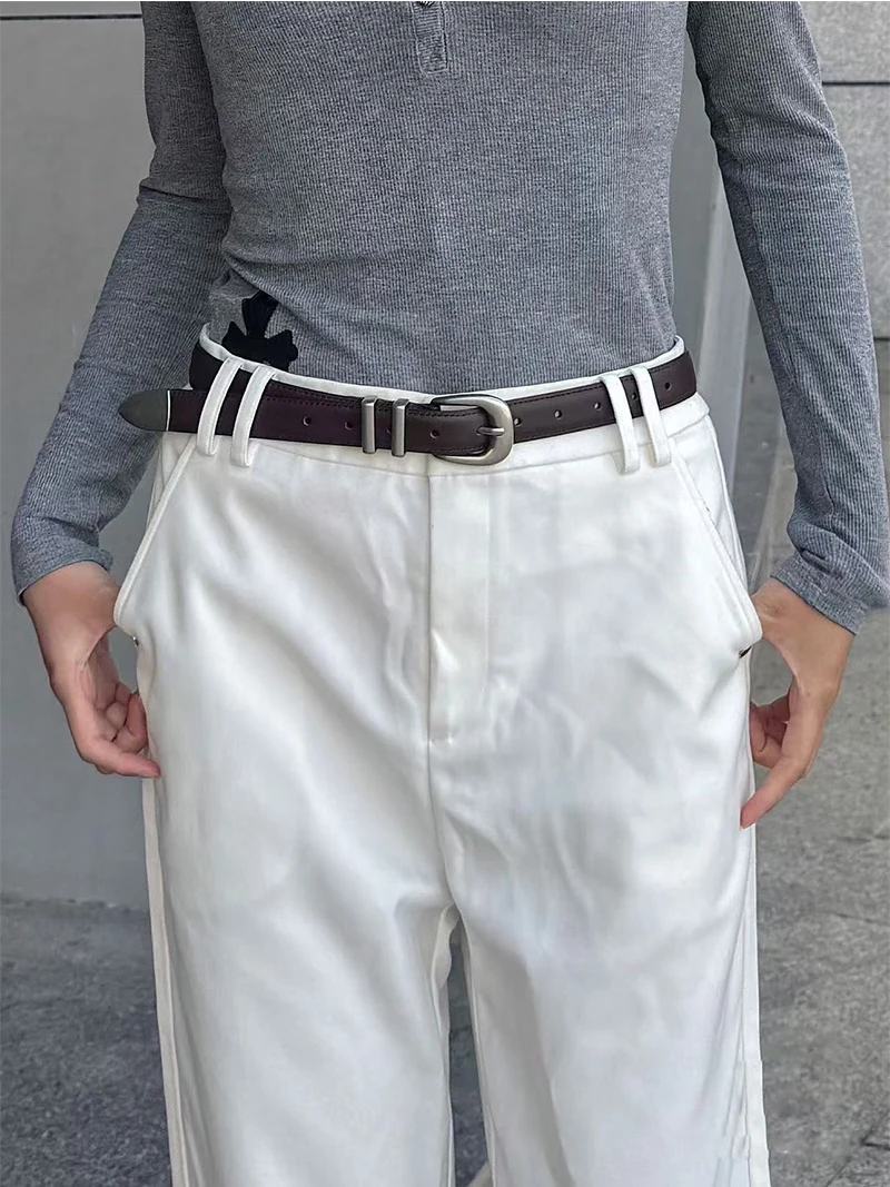 Unisex-Vintage-Gürtel aus echtem Leder, Rindsleder-Bund, Schwarz mit silberner Schnalle für Damen und Herren, modischer Gürtel für Jeans und Hosen – Detail 5
