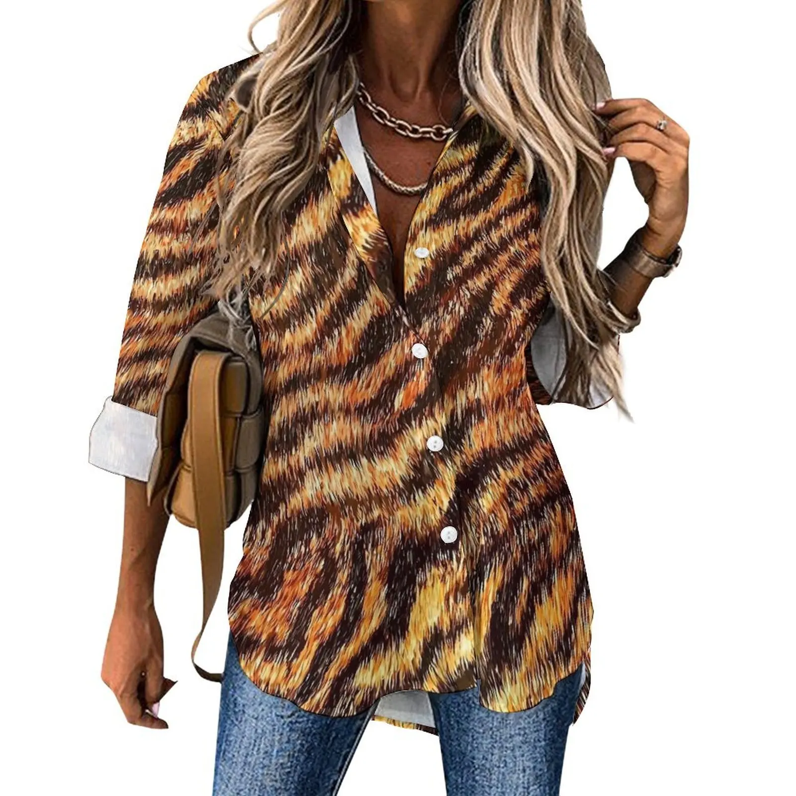 Tiger Print Blouse Women Animal Fur Street Style Loose Blouses Summer Long Sleeve Pretty Shirt Printed Clothing Big Size 2XL 3XL